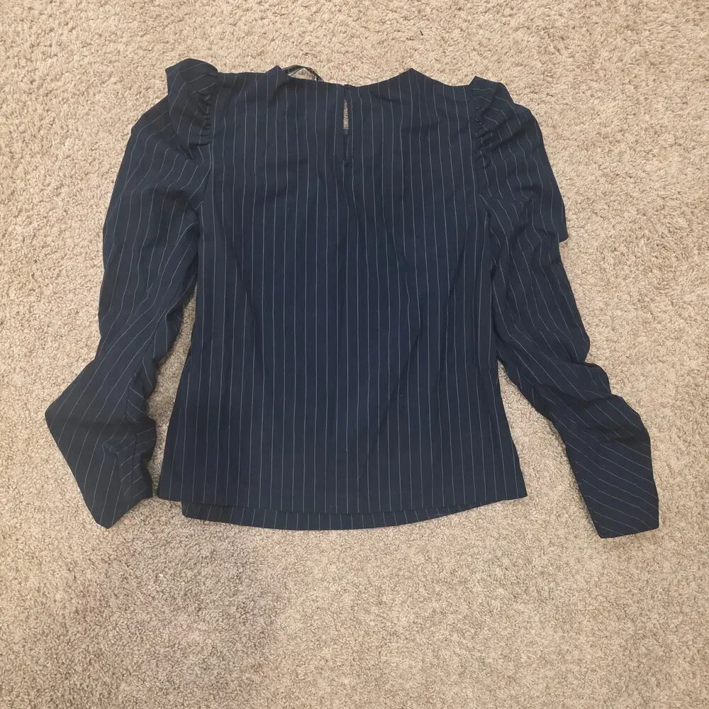 Zara Woman blue pinstripe ruched puff sleeve blouse sz XS